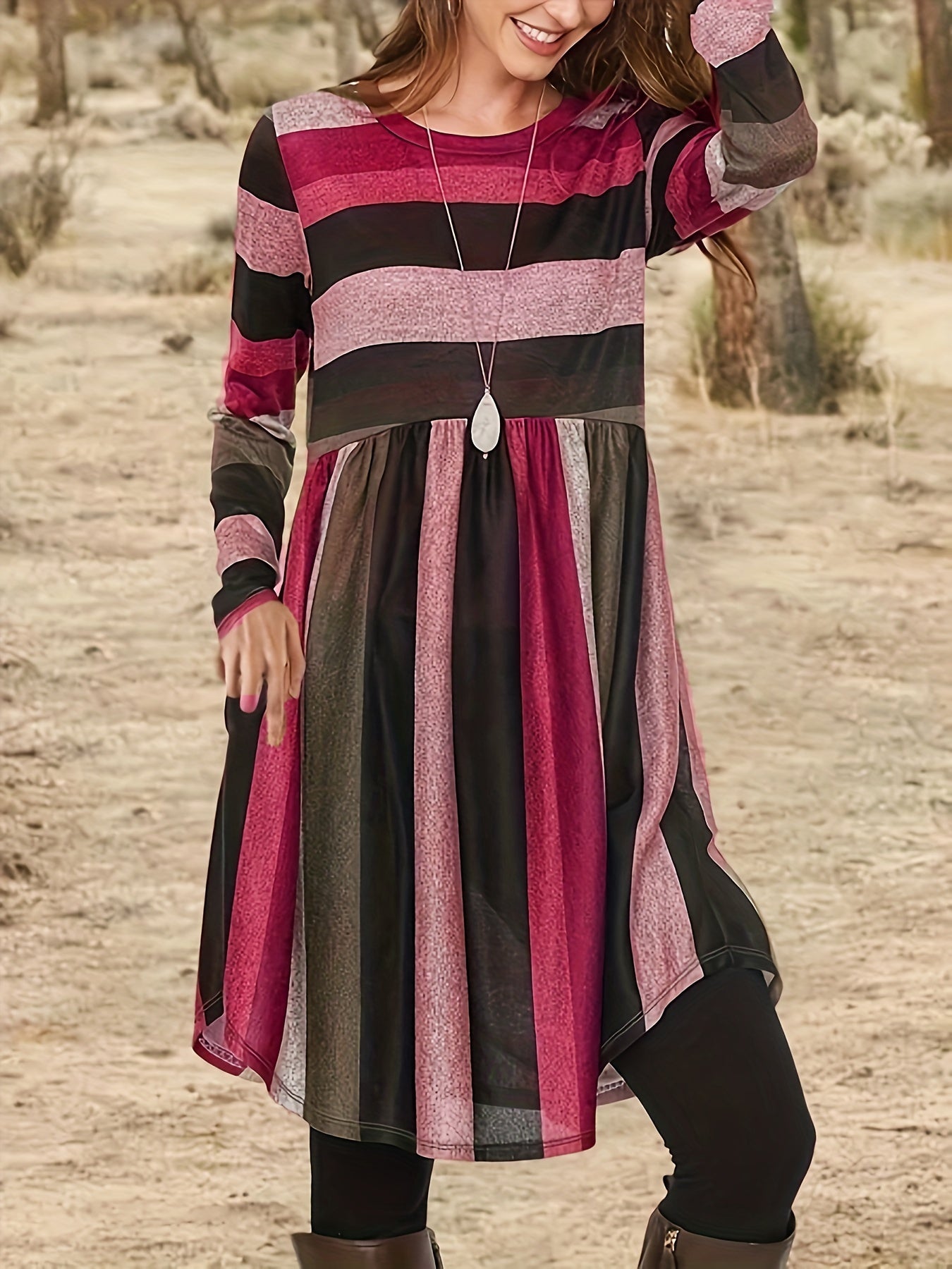 Colorblock Stripe Print Long Sleeve Round Neck Dress