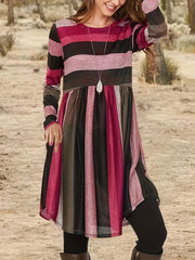 Colorblock Stripe Print Long Sleeve Round Neck Dress