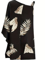 Women's Plus Size Leaf Print One Shoulder Mini Dress