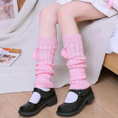 Rib Knit Leg Warmers Pompom Knee High Socks Women's Stockings