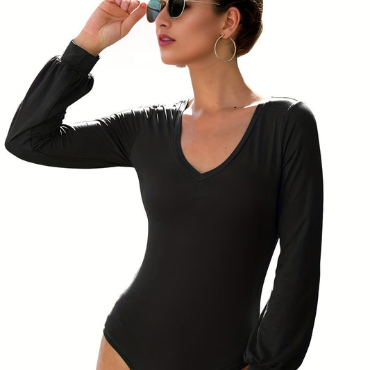 Solid Bodysuit Lantern Sleeve V Neck Casual One Piece Bodysuit