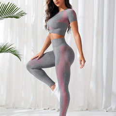 2pcs Yoga Set Short Sleeve Crop Top & Leggings Suit Women's Activewear