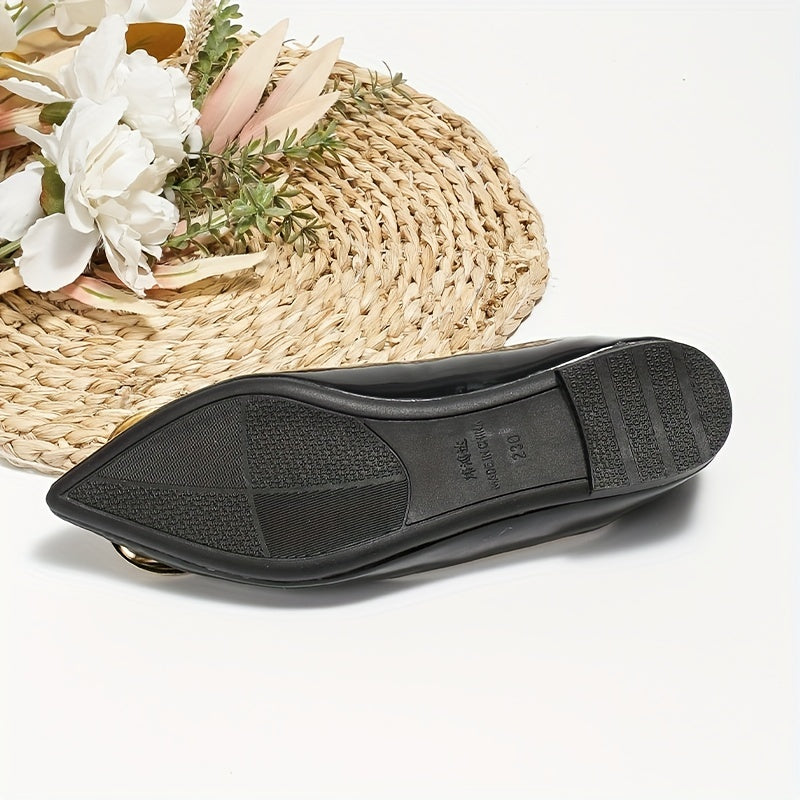 Pointed Toe Flats with Metallic Buckle Patent Leather Slip On Shoes