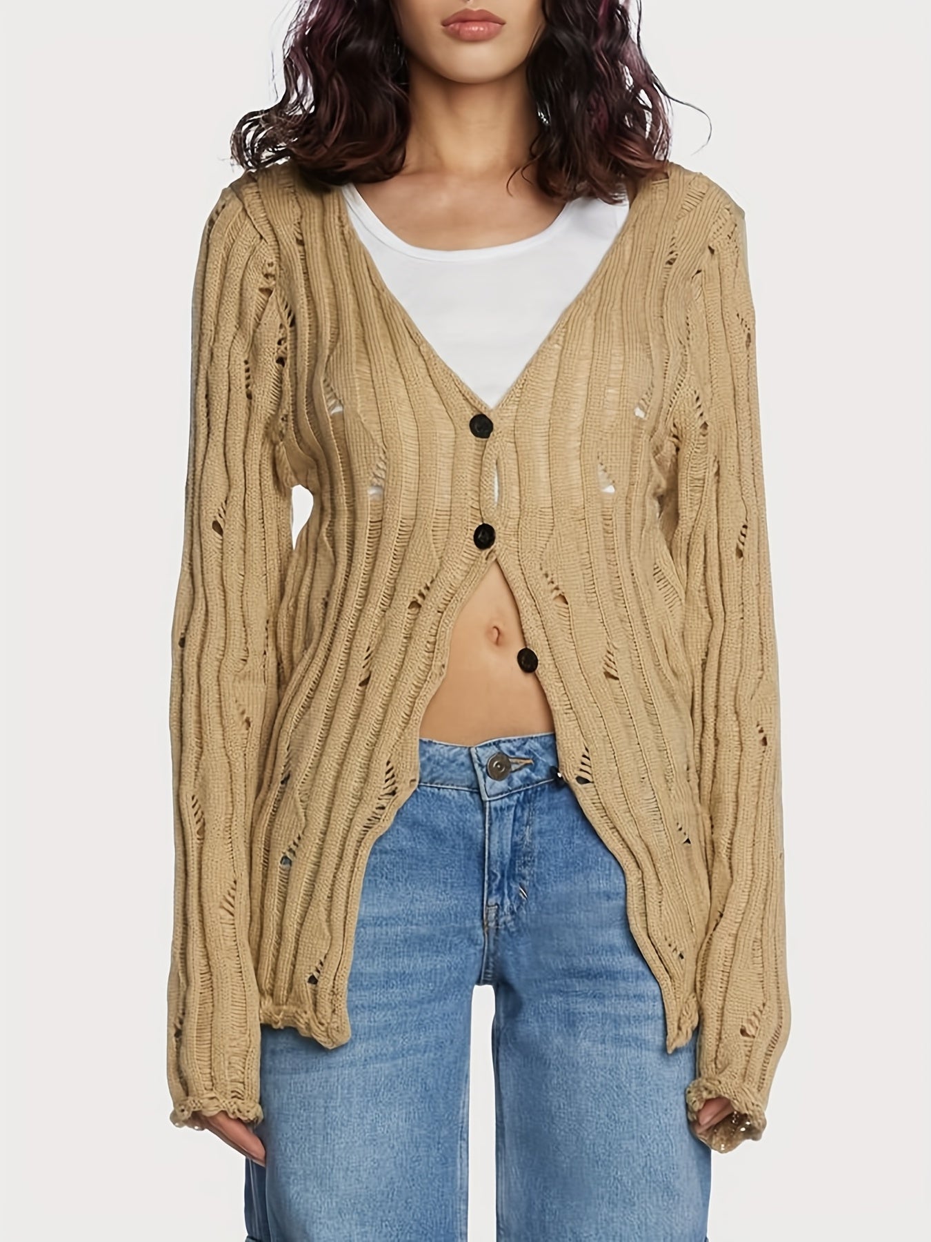 Button Front Cut Out Cardigan for Women