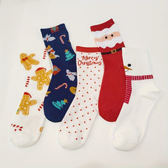 5 Pairs Christmas Print Socks Comfy Cartoon Crew Women's Stockings