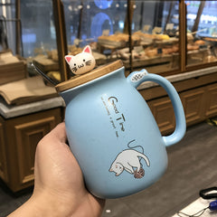 450ml Cartoon Cat Ceramic Mug with Wooden Lid & Spoon Handle