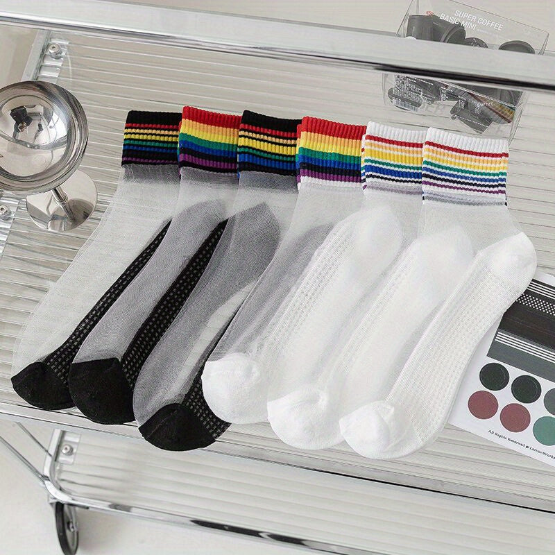 6 Pairs Rainbow Striped Crew Socks for Women