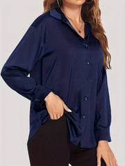 Casual Blouse Women's Solid Satin Button Up Long Sleeve Blouse