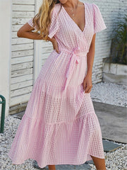 High Waist Casual Maxi Dress Short Sleeve