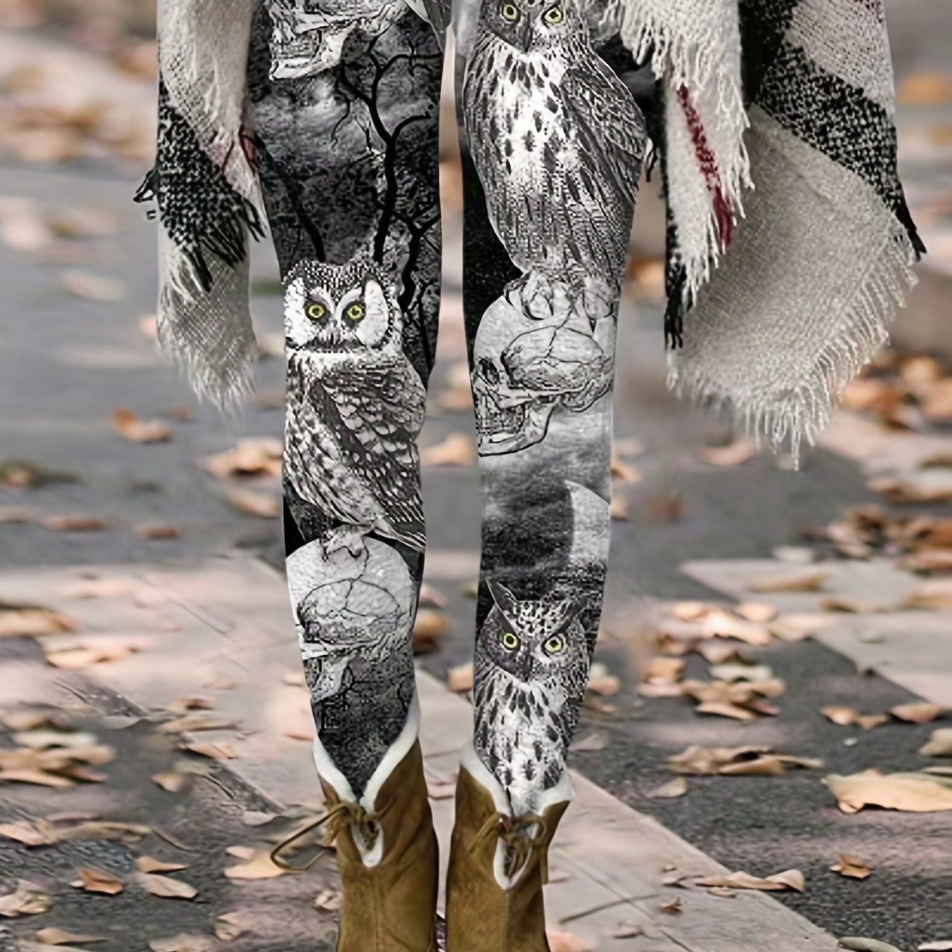 Goth Leggings Women's Plus Skull & Owl Print Leggings