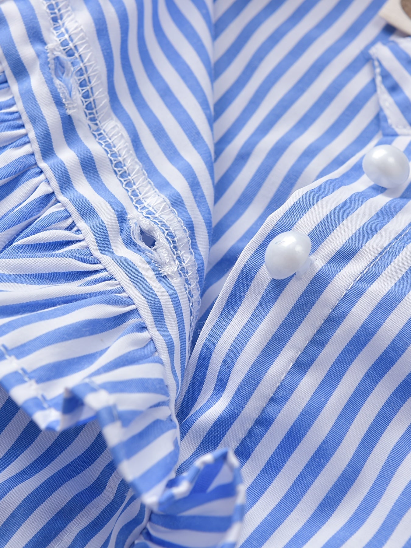 Girls Striped Pearl Button Ruffled Sleeves Lace Trim Shirt Tops
