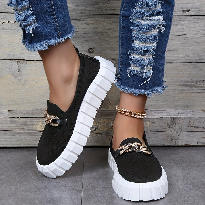 Chain Decor Platform Sneakers Slip On Outdoor Breathable Knit Shoes