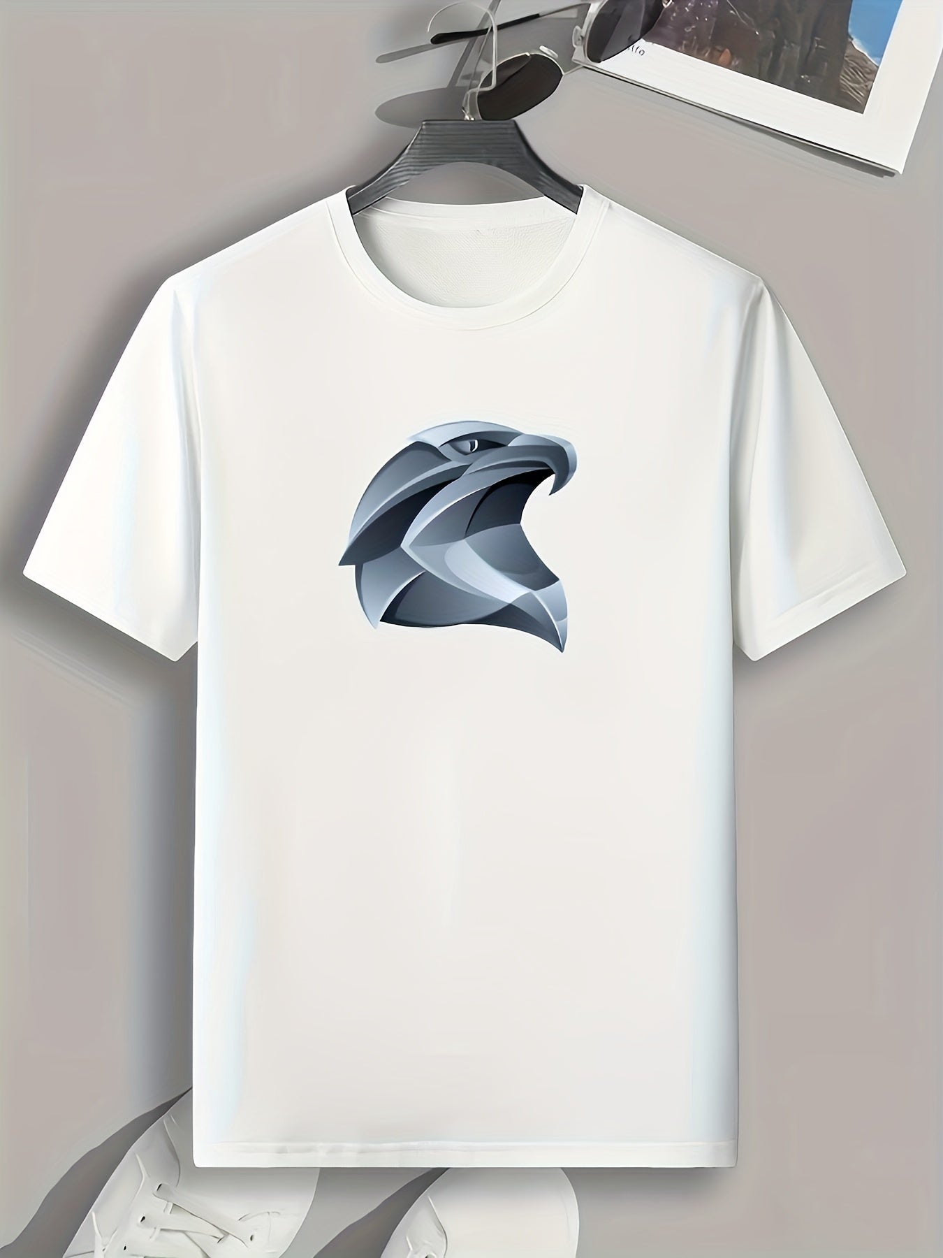 Geometric Eagle Head Print Men's T shirt Active Stretch Tee For Outdoor Summer