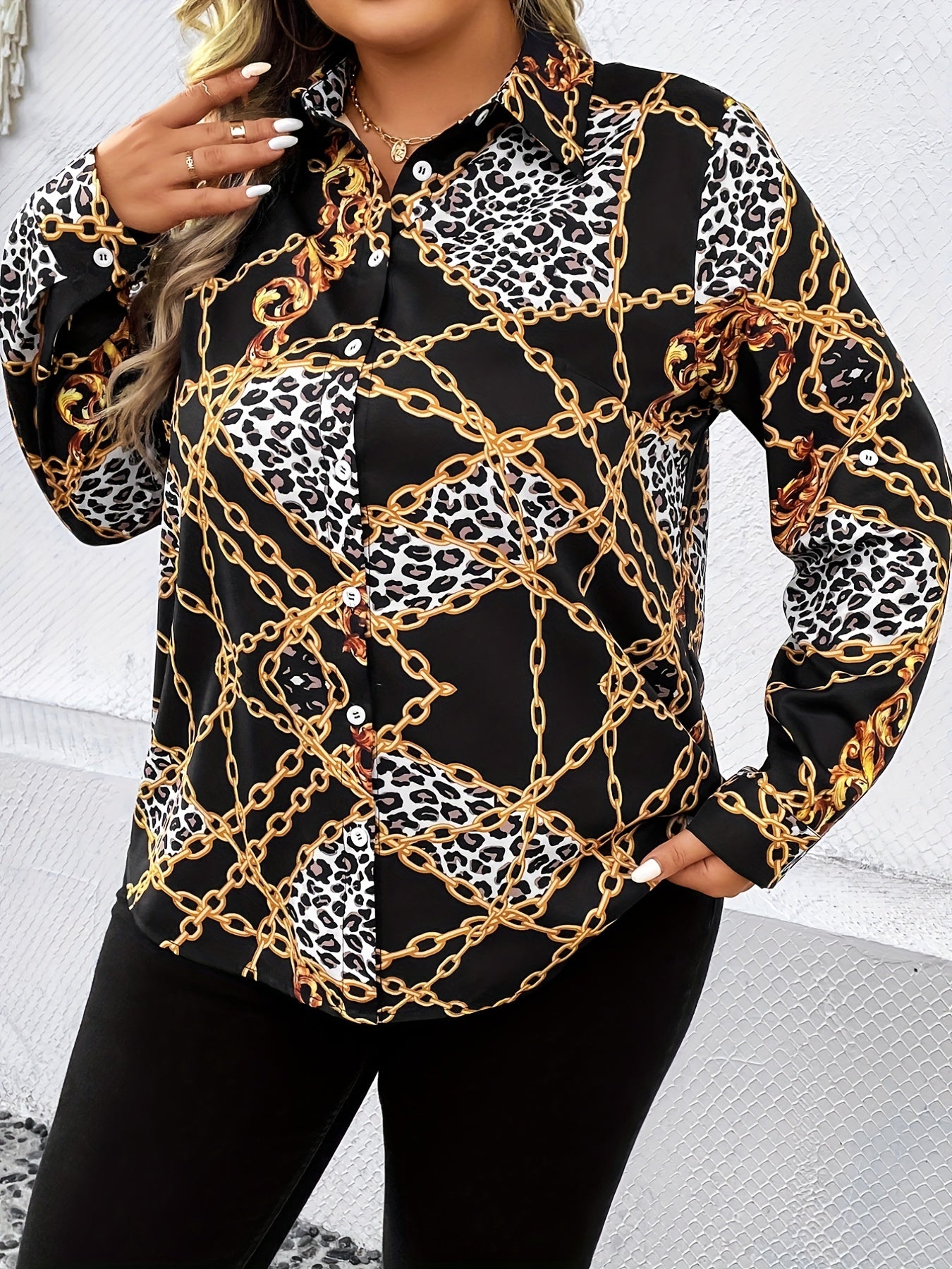 Chain Print Long Sleeve Botton Up Blouse
