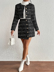Button Front 2pc Set Long Sleeve Tops & Bag Hip Skirts