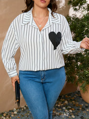 Casual Blouse Women's Plus Stripe & Heart Print Button Up