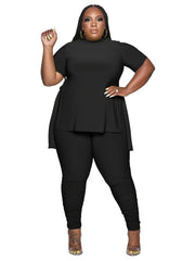 Solid Slit High Neck Short Sleeve Tops & Pants Set