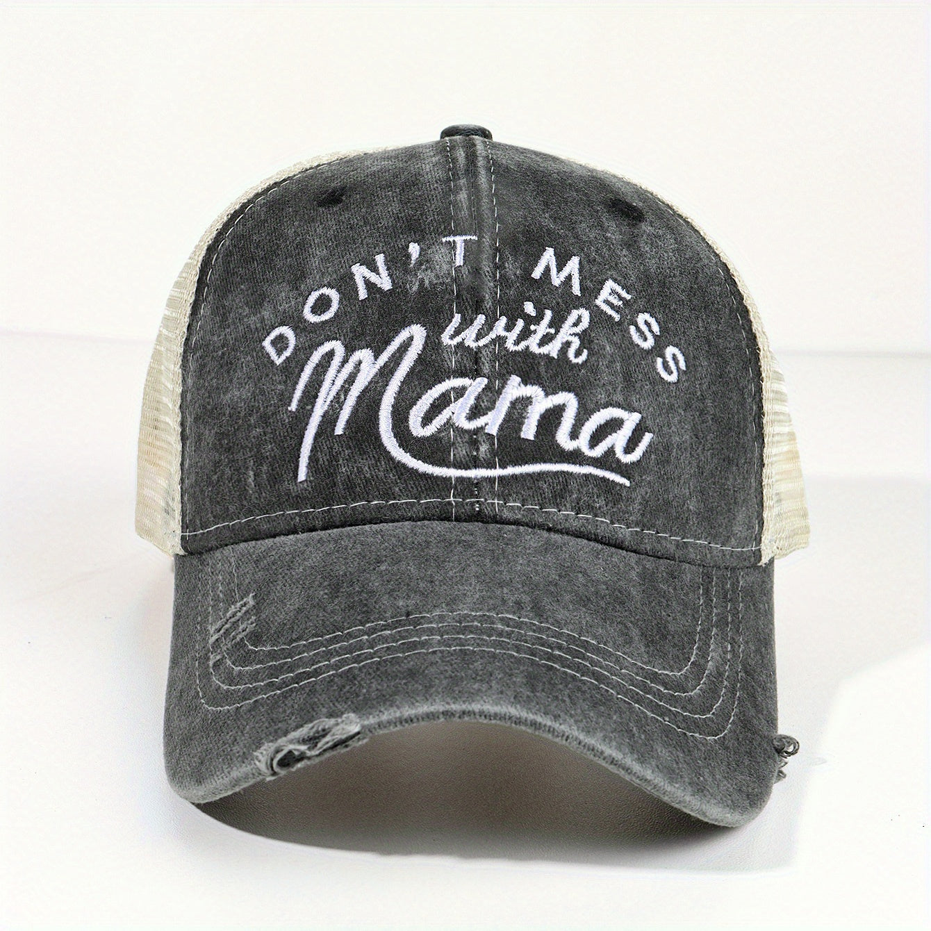 Mom Baseball Cap Distressed Trucker Hat Ponytail Mesh Embroidery Sun Hat