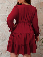 Solid Tie Long Sleeve Ruffle Trim Smock Dress