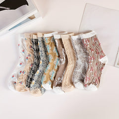9 Pairs Floral Print Socks Breathable Mid Tube Women's Stockings
