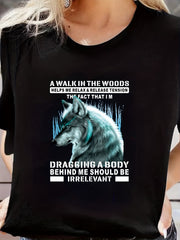 Wolf & Letter Print Crew Neck Sports T-shirt