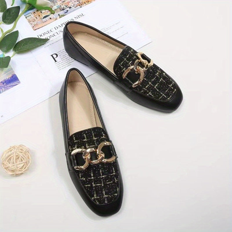 Women's Tweed Flat Loafers with Metallic Chain Decor