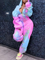 Tie Dye Zip Hoodie & Sweatpants Set Women Plus 2pcs Set