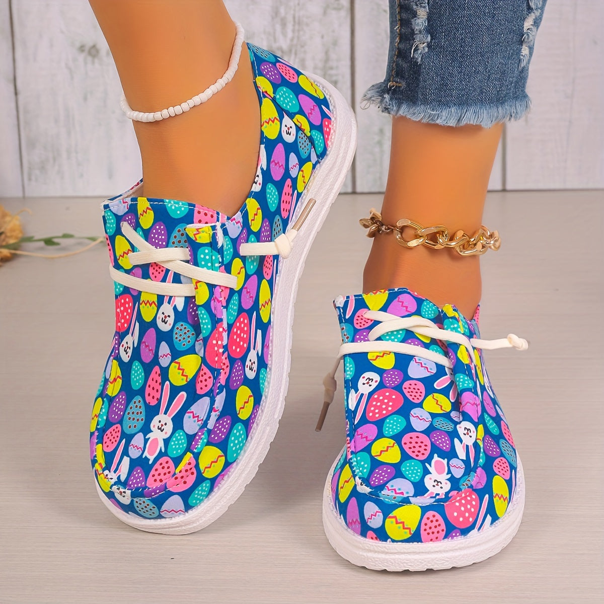 Women's Easter Eggs & Rabbit Graphic Canvas Shoes Lace up Flats