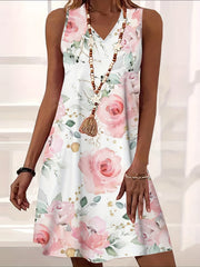 Women's Rose Print V Neck Stretch Tank Dress