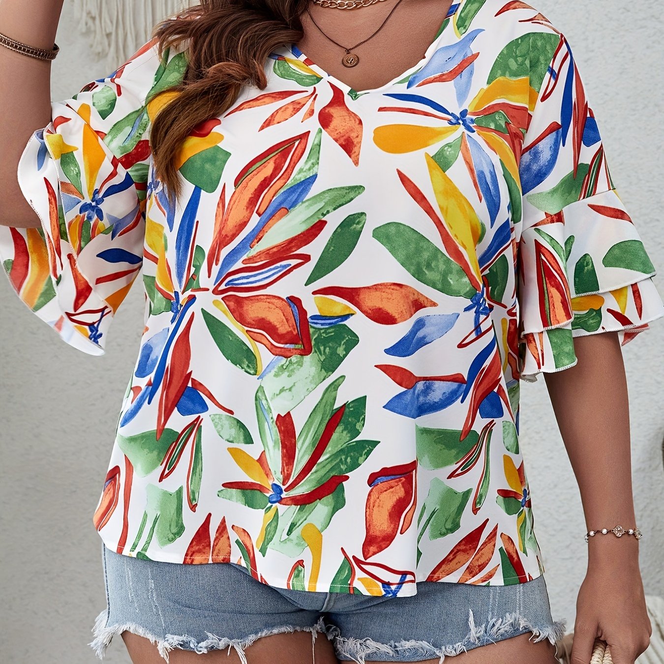 Vacay Blouse Women's Plus Leaf Print V Neck Beachwear Blouse