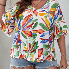 Vacay Blouse Women's Plus Leaf Print V Neck Beachwear Blouse