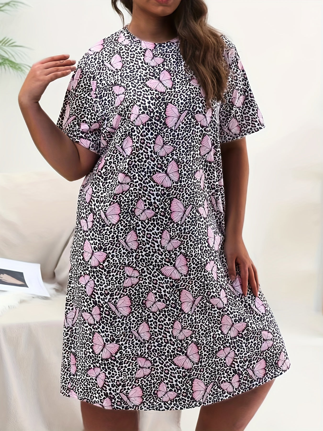 Butterfly Leopard Print Nightdress Short Sleeve Loungewear Dress