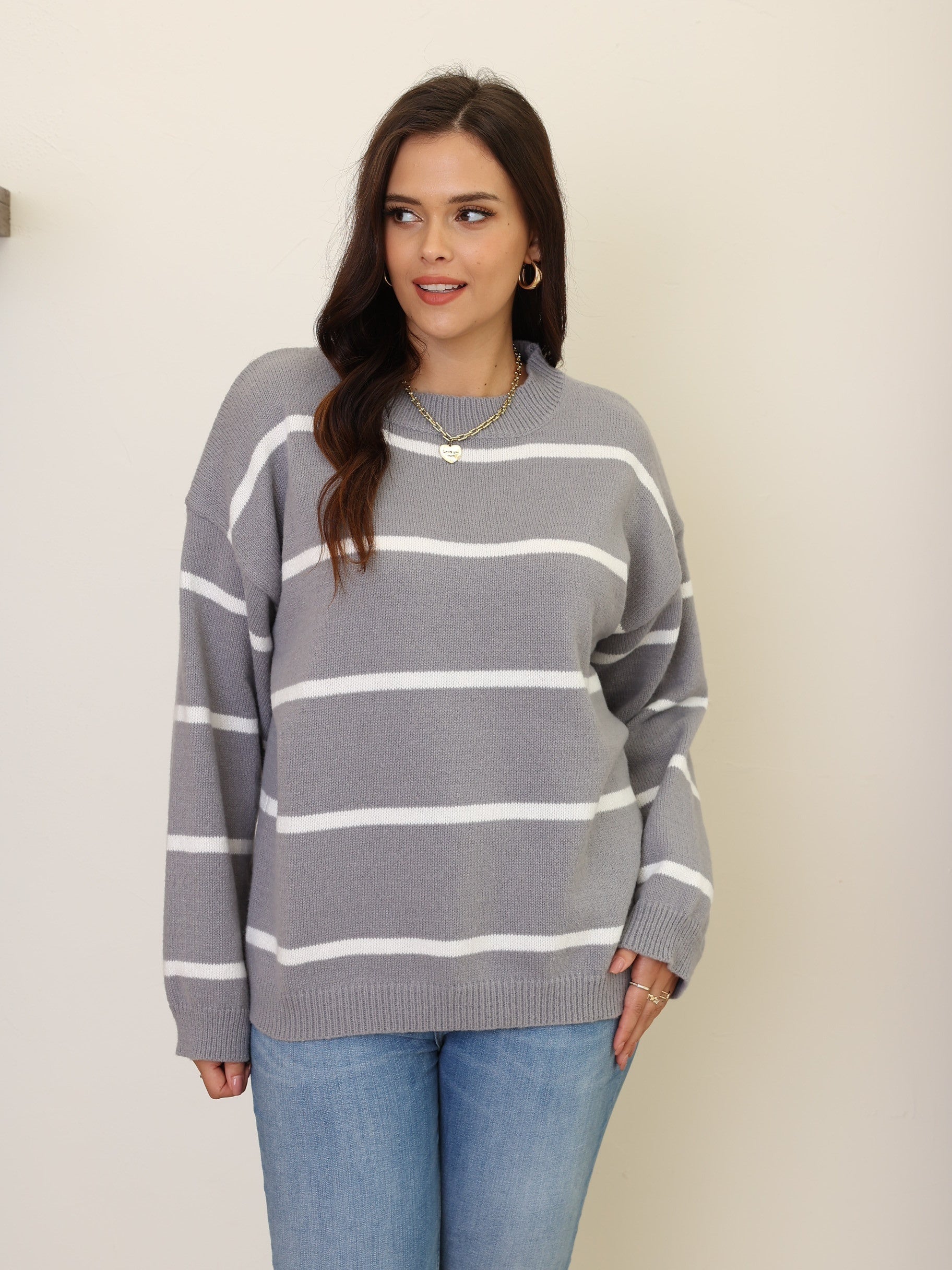 Casual Sweater Women's Plus Stripe Print Long Sleeve Round Neck Jumper