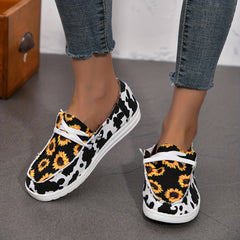 Chrysanthemum & Cow Print Canvas Shoes Low Top Lace Up Round Toe Lightweight