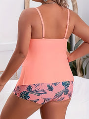 Plus Size Modest Tankini Set Ruffle Trim Cami & Tropical Print Shorts Swimsuit