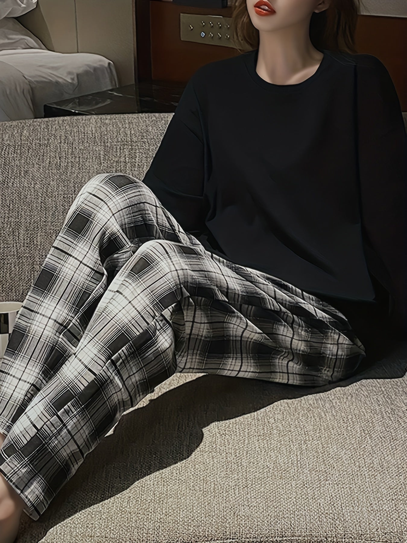 Plaid Print Pajama Set Long Sleeve Top & Pants Women's Sleepwear