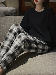 Plaid Print Pajama Set Long Sleeve Top & Pants Women's Sleepwear