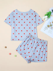 Heart Print Pajamas Set Short Sleeve Crew Neck Top & Shorts