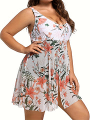 Colorblock Floral Trim One Piece Swimsuit