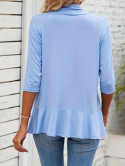 Solid 3/4 Sleeve Open Front Ruffle Trim Cardigan