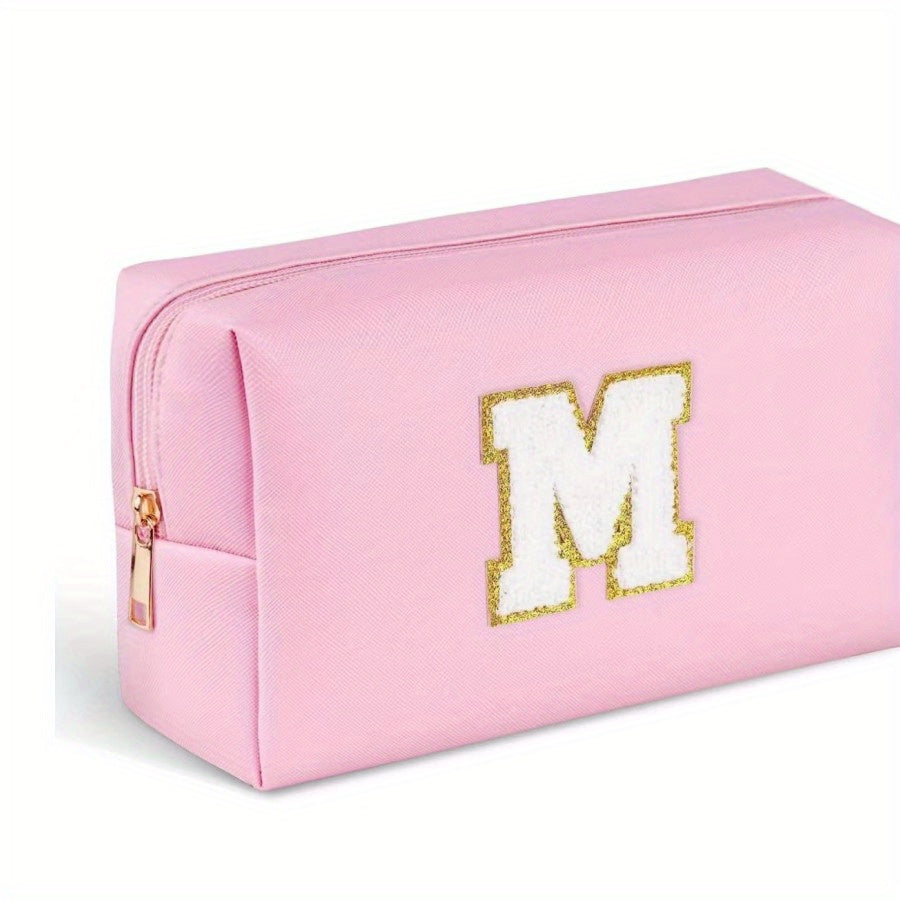 Preppy Makeup Bag With Zipper Chenille Letter Pink Travel Cosmetic Bag For Women