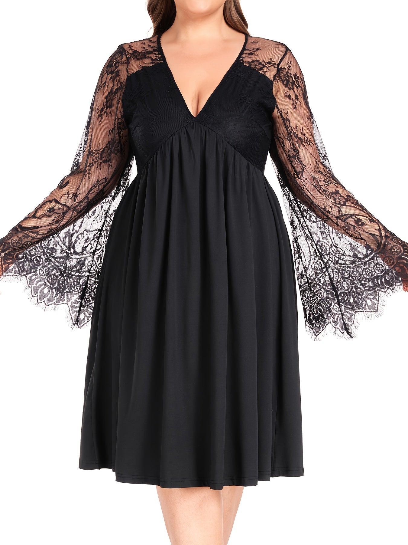 Sexy Dress Women's Plus Solid Contrast Lace Bell Sleeve V Neck Medium