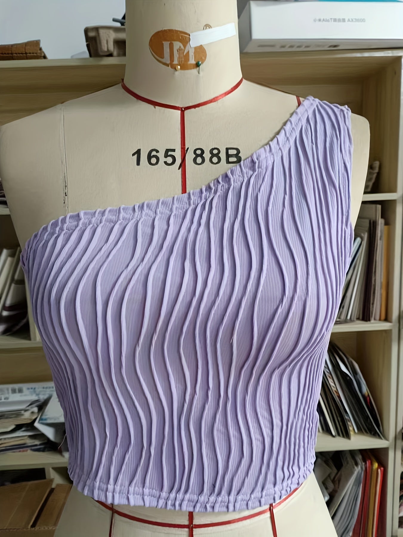 Wavy Stripe One Shoulder Crop Top Casual Solid Ruched Slim Sleeveless Top