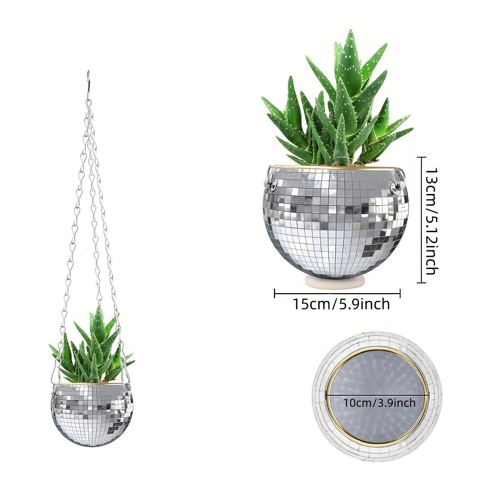 Slivery Disco Mirror Ball Planter With Chain Plant Hanger