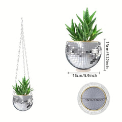 Slivery Disco Mirror Ball Planter With Chain Plant Hanger