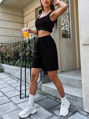 Ribbed Crop Tank Top & Elastic Waist Shorts Set Women's Outfit