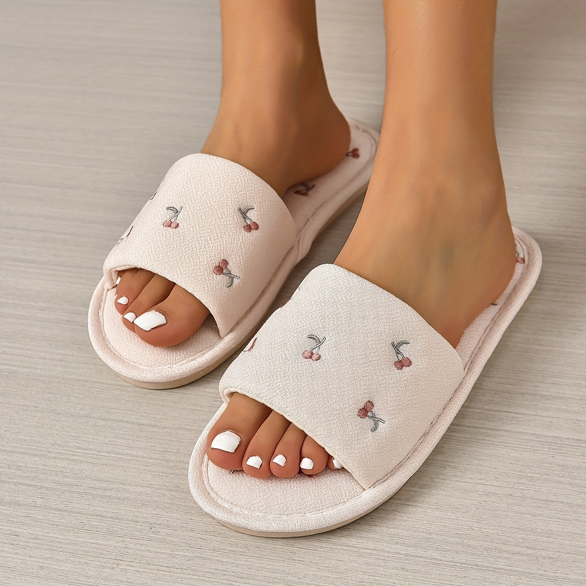 Cherry Pattern Plush Slippers Open Toe Bedroom Shoes