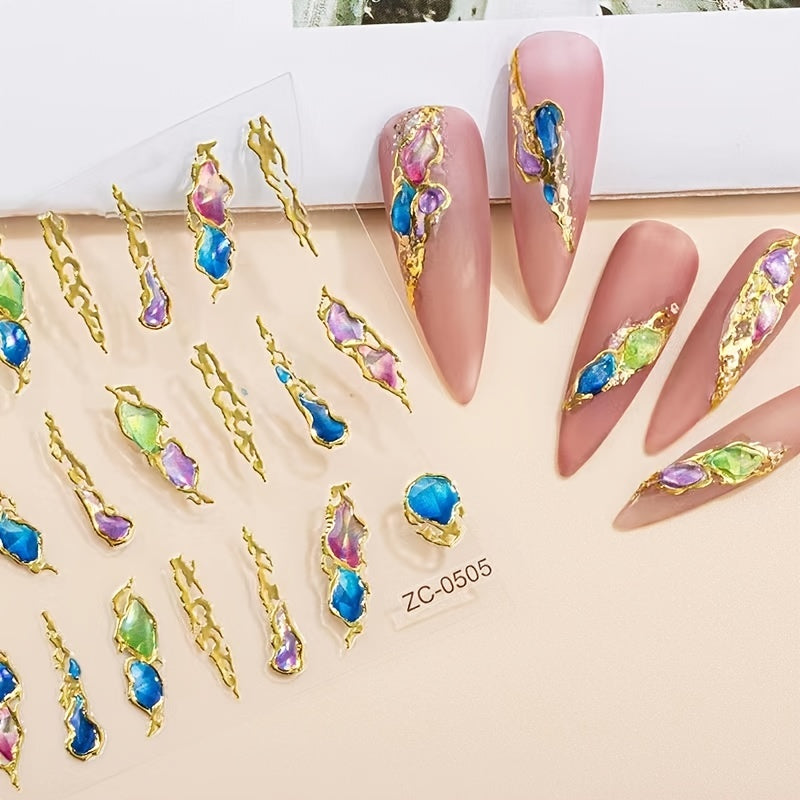 Bronzing Embossed Nail Art Stickers Rhinestone Epoxy 5D Nail Stickers