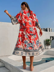 Floral Print Surplice V Neck Cover Up Kaftan Red Kimono Sleeve Coverup Dress