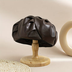 Vintage Ruched PU Leather Beret Solid Octagonal Hat French Style Painter Hats